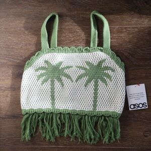 ASOS Design Palm Tree Knit Crop Top w/ Fringe Hem – Size S